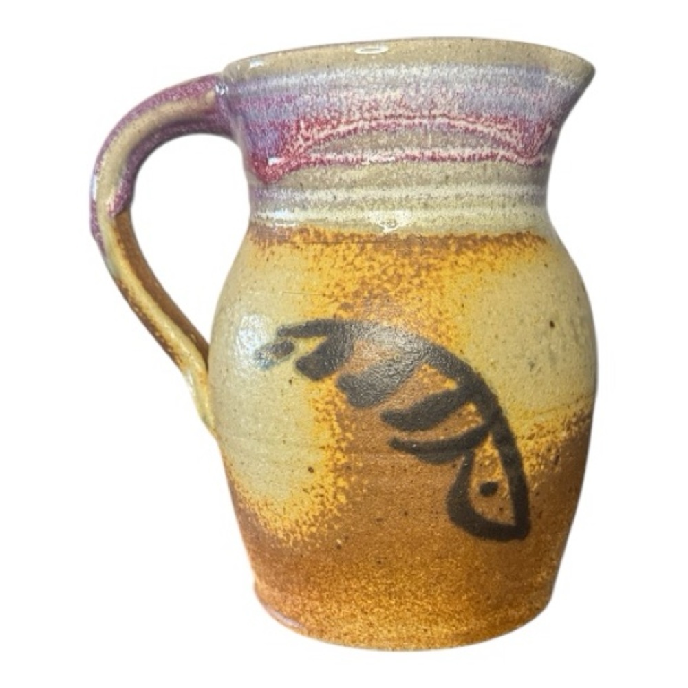 Handcrafted Ceramic Pitcher Vase - Earth Tone Glaze w/ Pink Accent - Stamped